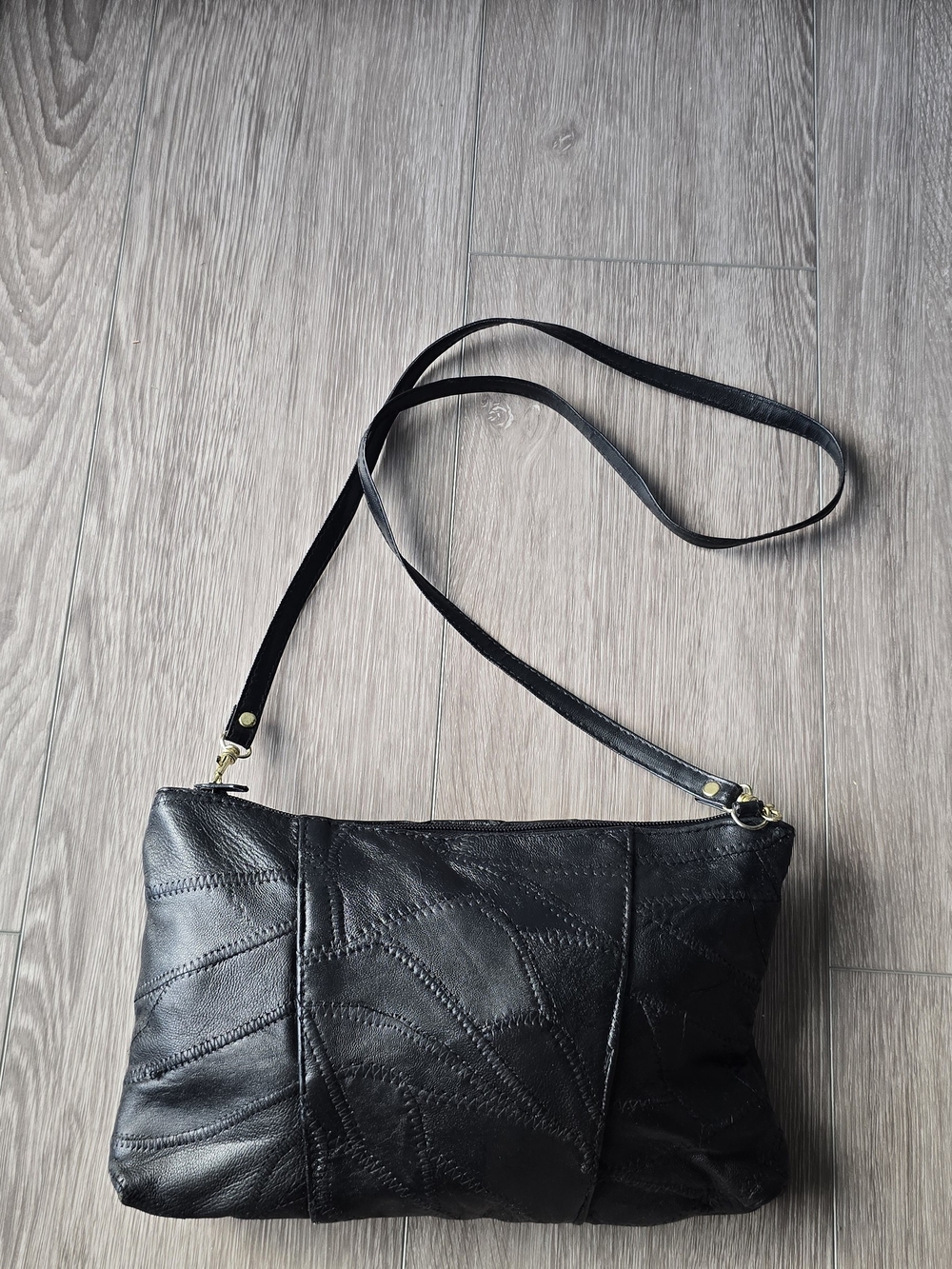 Vintage Black Patchwork Genuine Leather Crossbody Bag Sunburst Boho Purse
